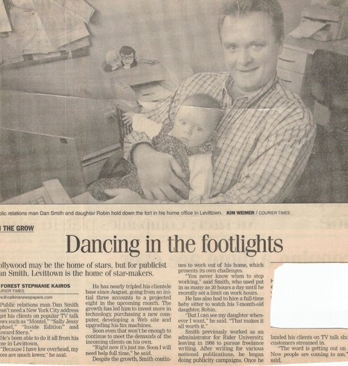 "In the beginning .... 1998" newspaper article about Dan Smith and the launch of Smith Publicity, with his daughter in bedroom office