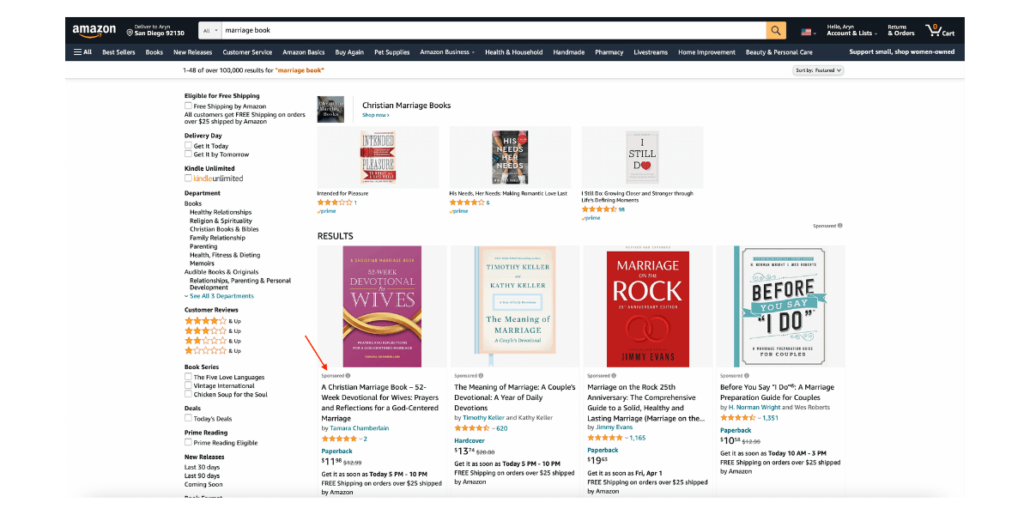 Screenshot of Amazon book marketplace. Promote books on Amazon.