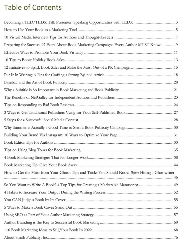 Table of Contents for Smith Publicity's powerful book on marketing tips and insights