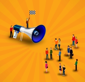 People standing in fron of a loud speaker. Author's need to get to know their audience better.